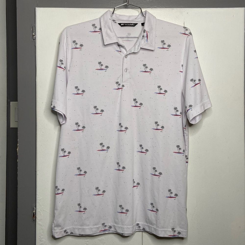 travis matthew men rally time golf short sleeve polo xl white palm trees beach